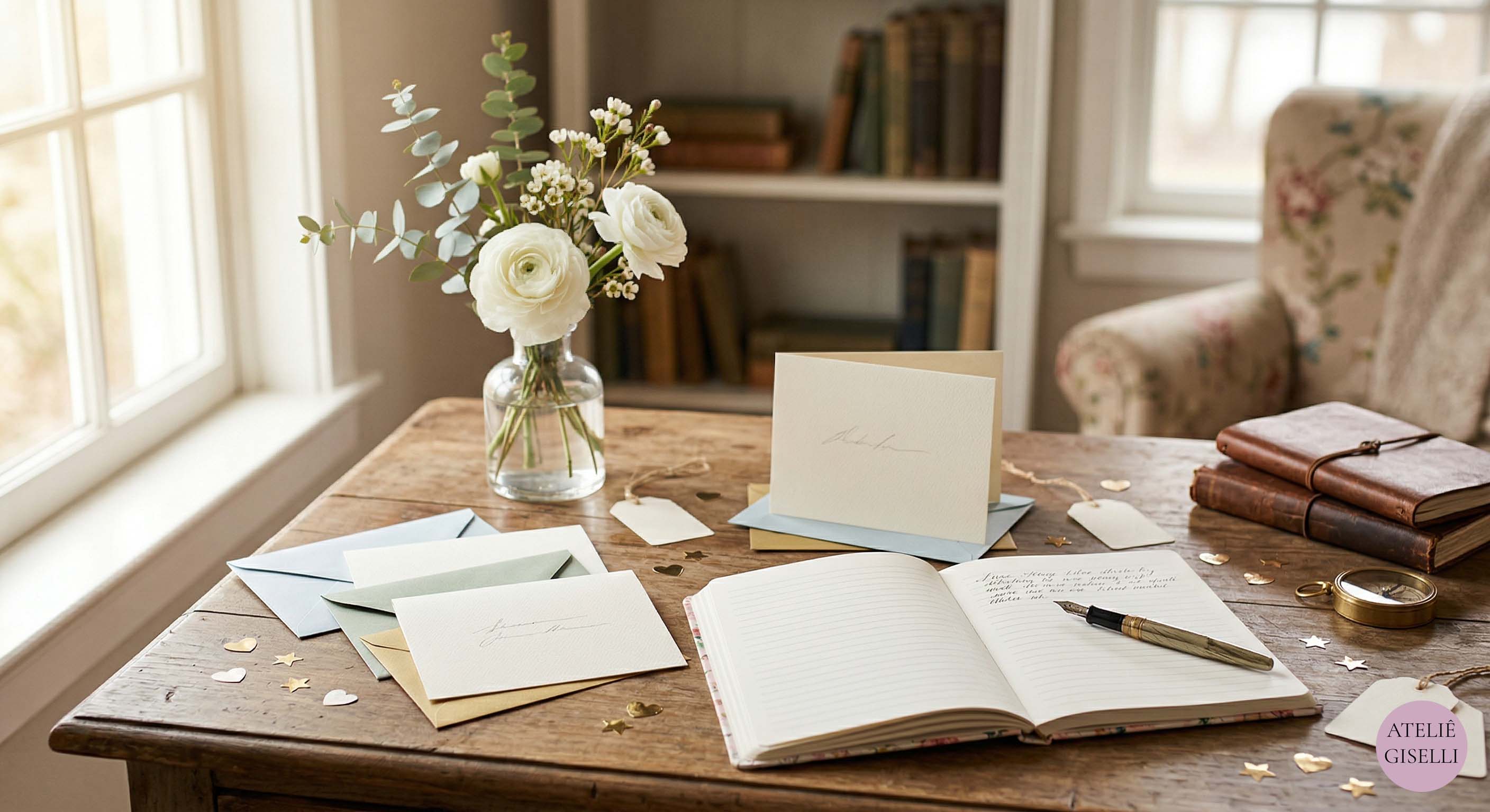 Mesa rústica com cartas e envelopes para celebração de bodas